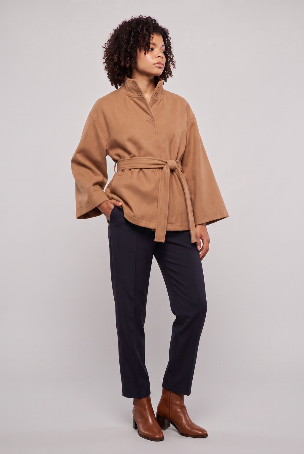 Women's Button Front Cape Coat - Stand Collar Belted Wrap Batwing Sleeve Autumn