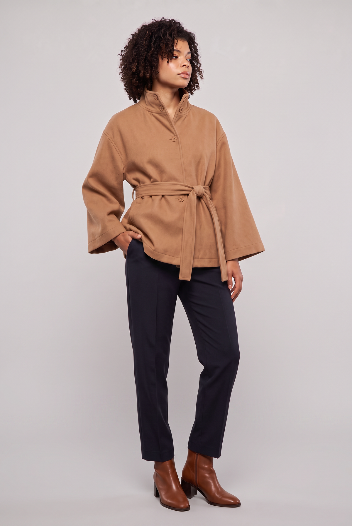 Women's Button Front Cape Coat - Stand Collar Belted Wrap Batwing Sleeve Autumn