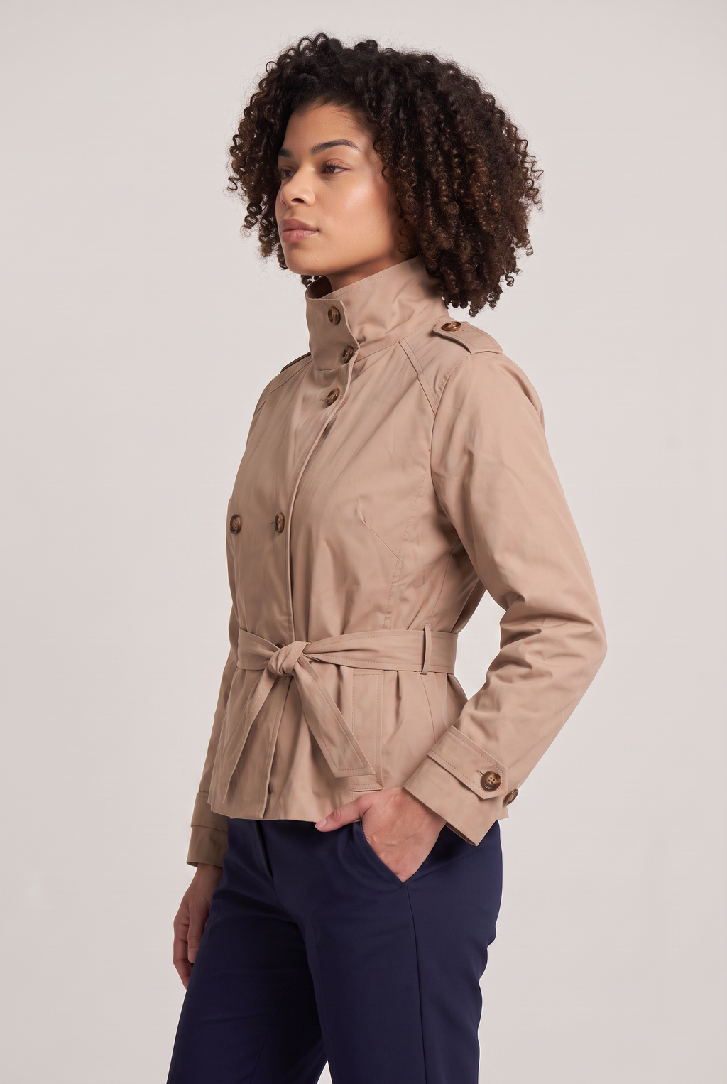 Women's Buttoned Cropped Trench Coat - Double Breasted Belted Stand Collar Jacket Smart Casual