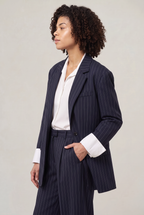Women Oversized Pinstripe Blazer Single Breasted Loose Fit Navy