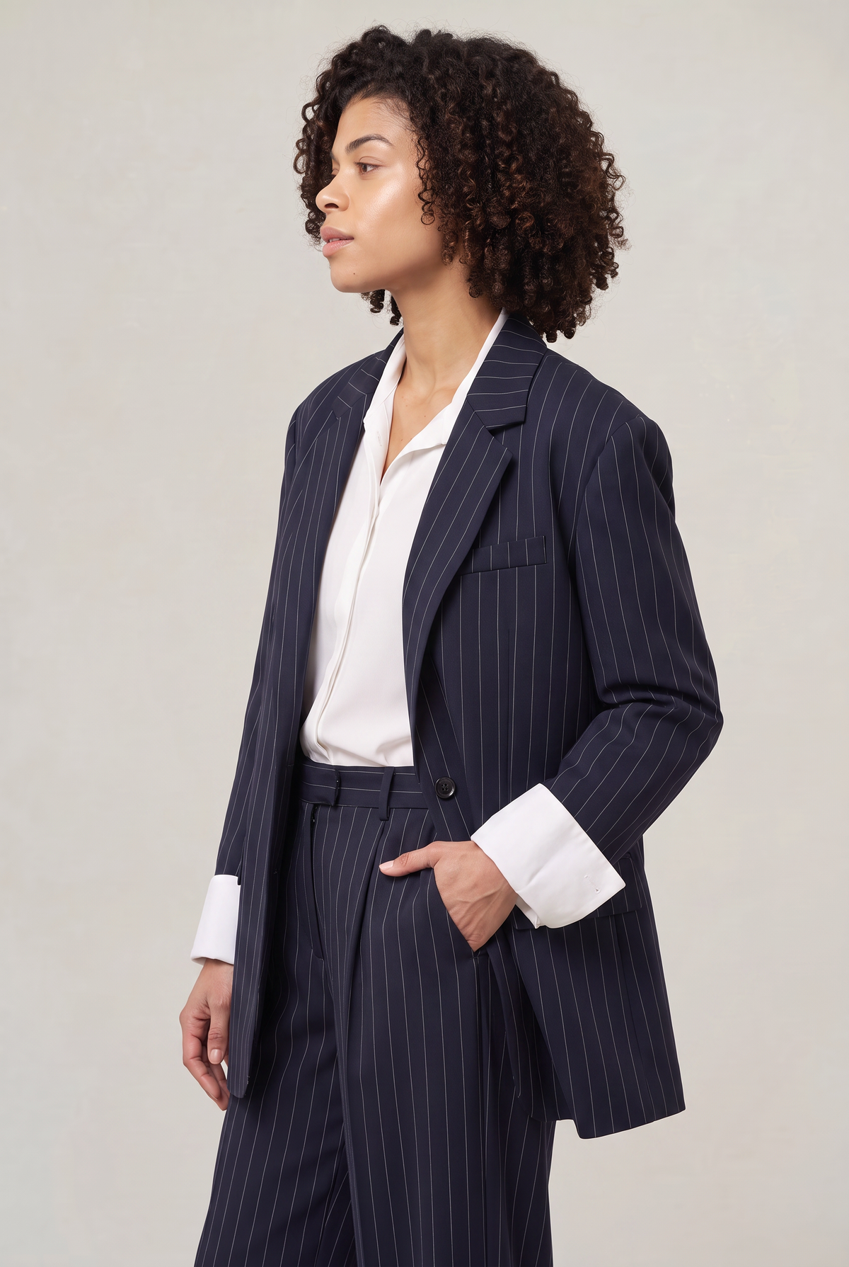 Women Oversized Pinstripe Blazer Single Breasted Loose Fit Navy