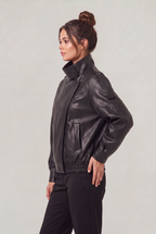 Women's Leather Look Biker Jacket - Oversized Faux Leather Zip Up