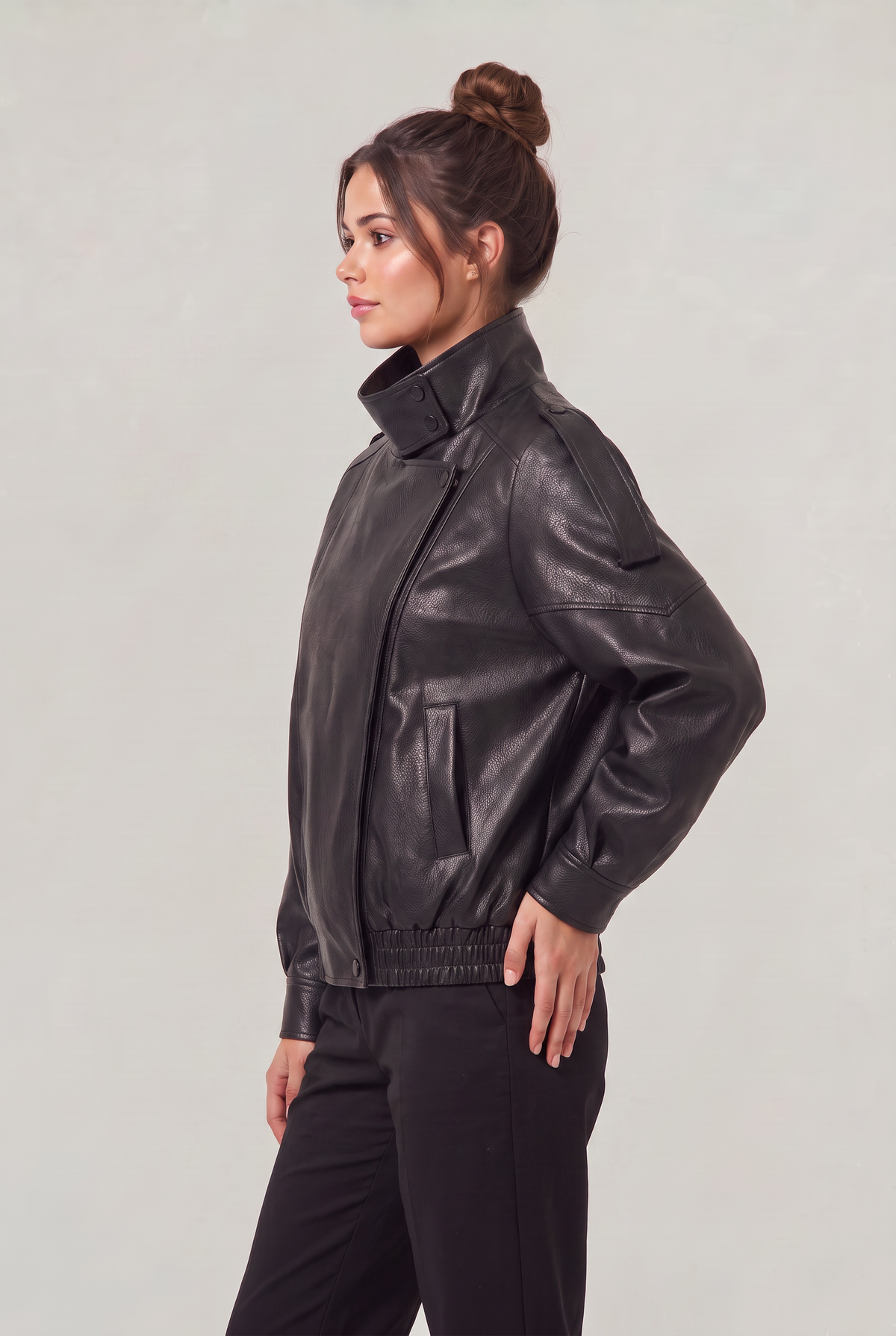 Women's Leather Look Biker Jacket - Oversized Faux Leather Zip Up