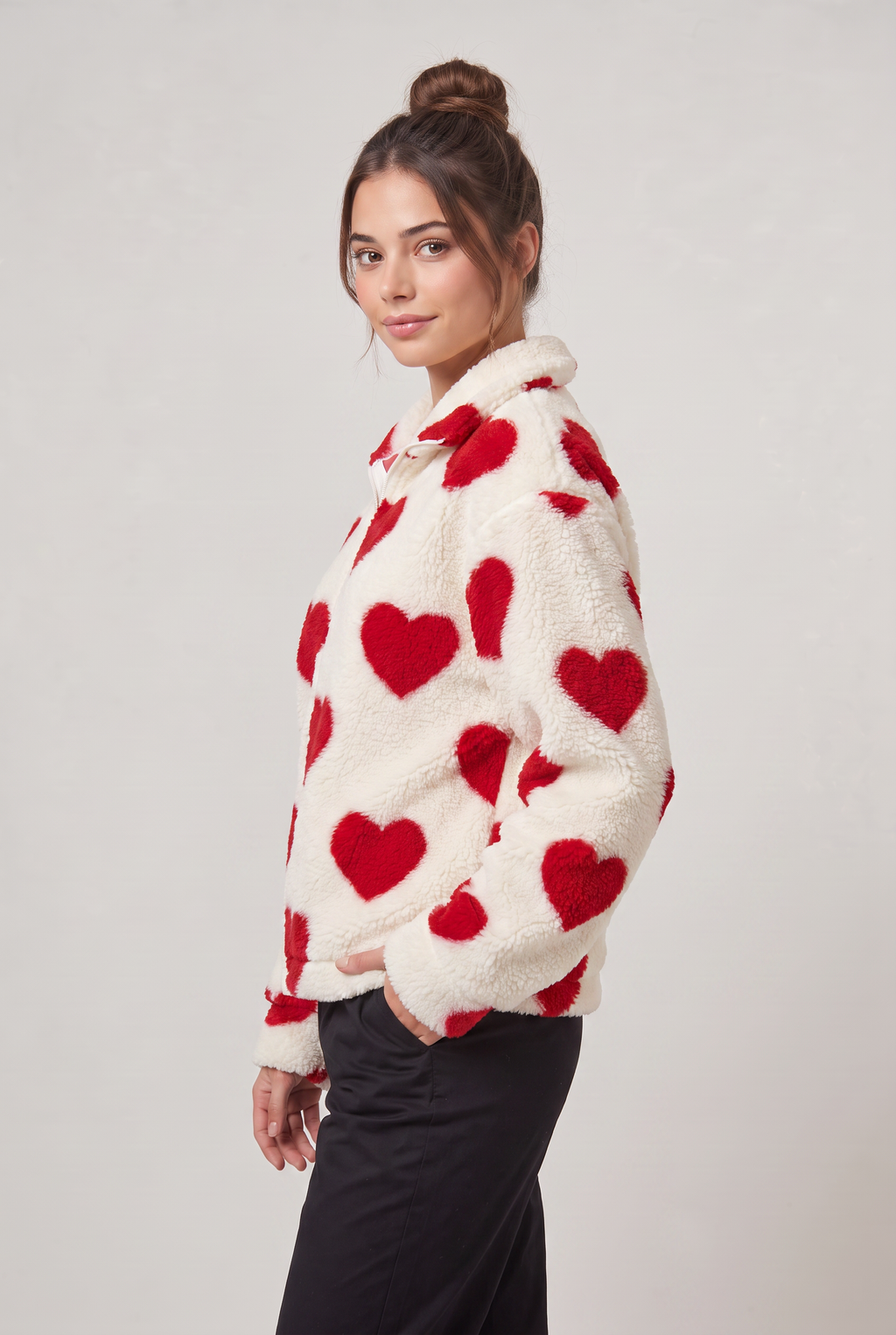 Women's Heart Print Teddy Jacket - Fleece Zip Up Coat