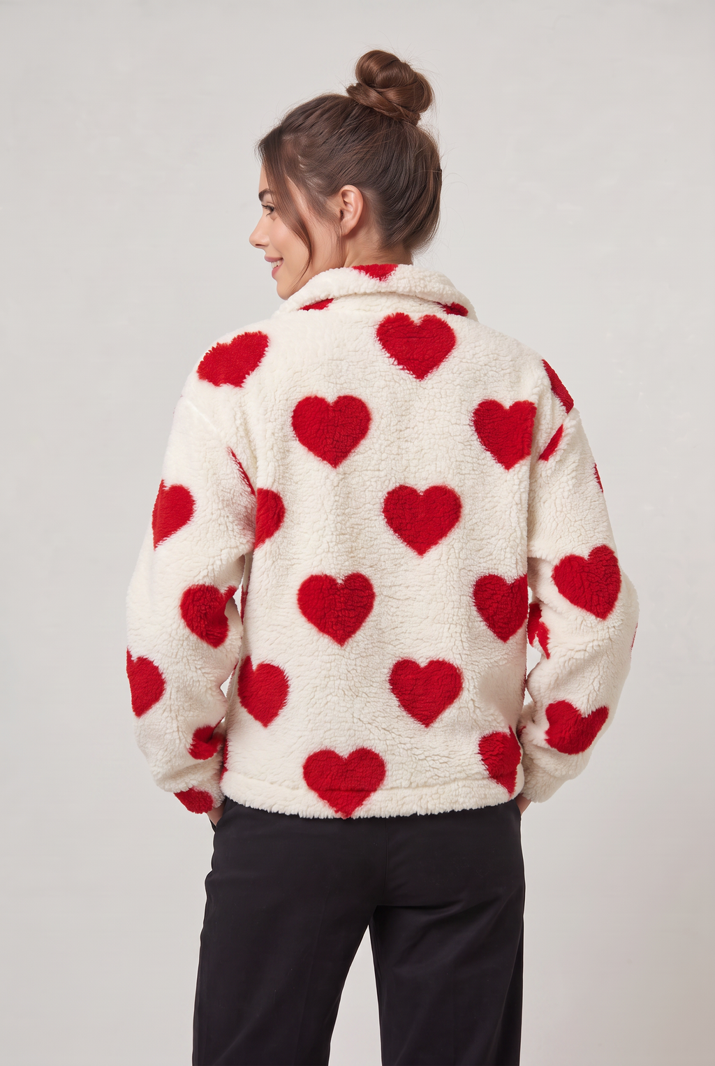 Women's Heart Print Teddy Jacket - Fleece Zip Up Coat