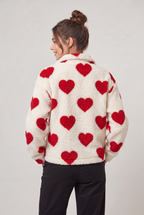 Women's Heart Print Teddy Jacket - Fleece Zip Up Coat