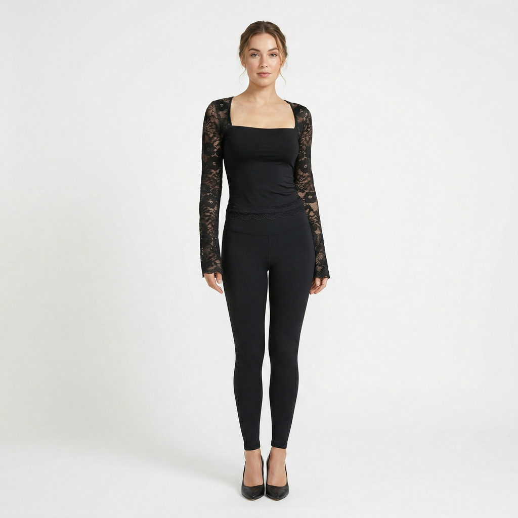 Valenomode - Women's Laced Square Neck Long Sleeve Top