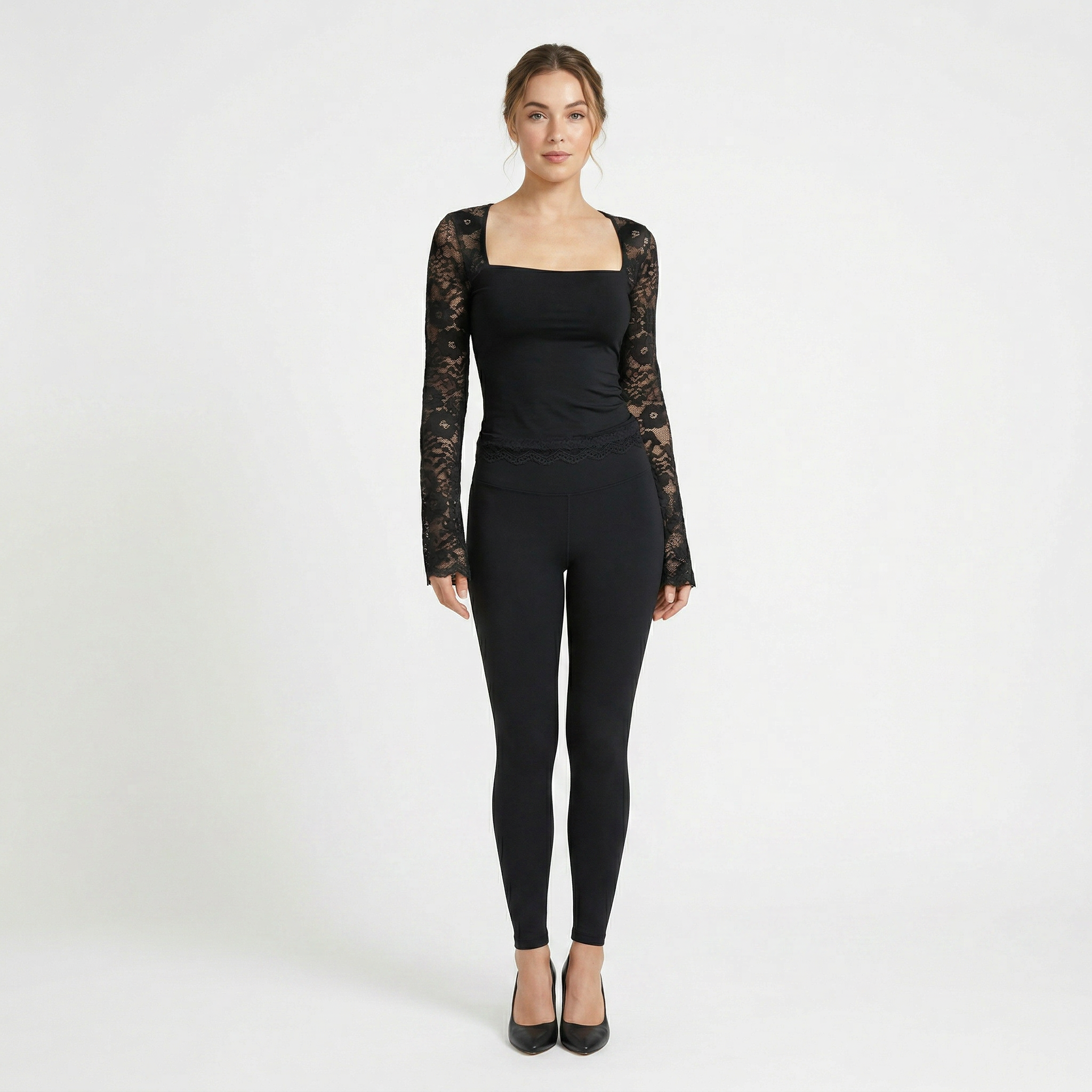 Valenomode - Women's Laced Square Neck Long Sleeve Top