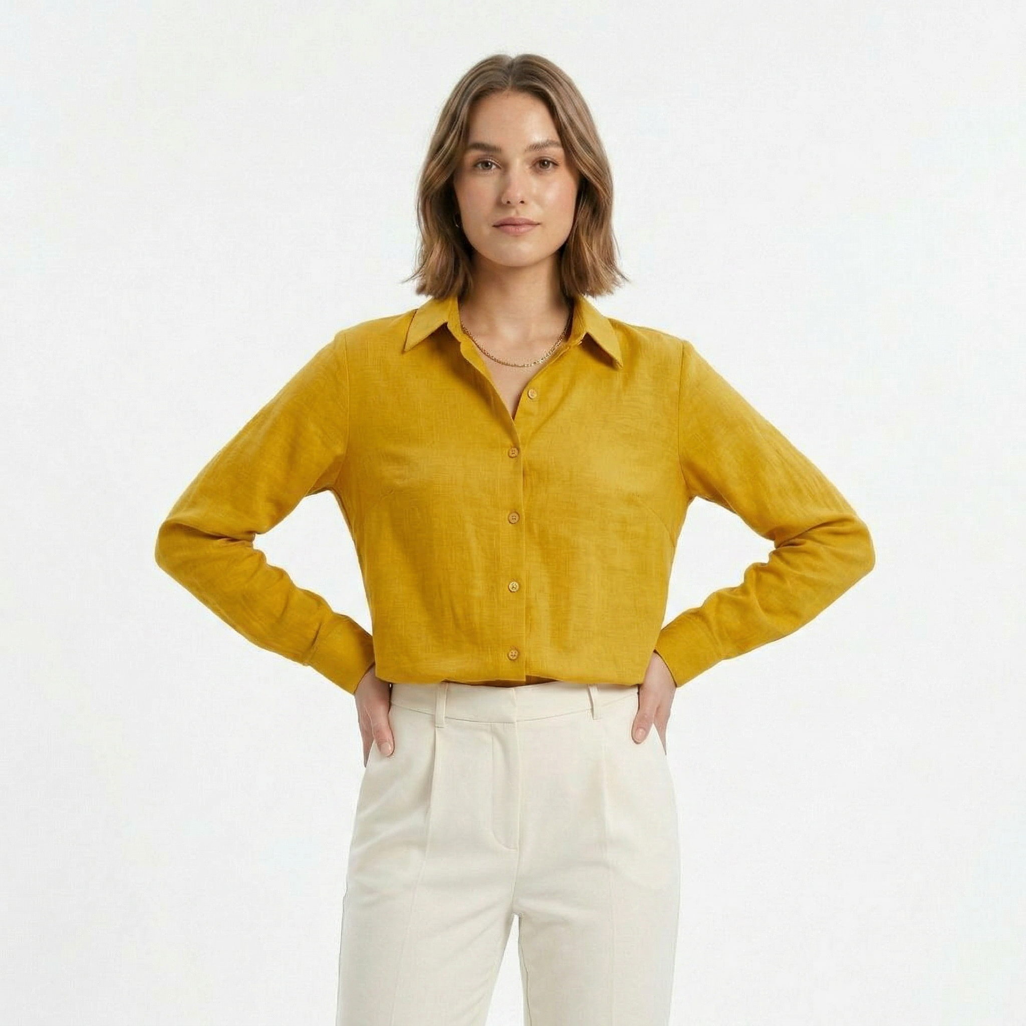 Valenomode - Women’s Linen Button Front Long Sleeve Top