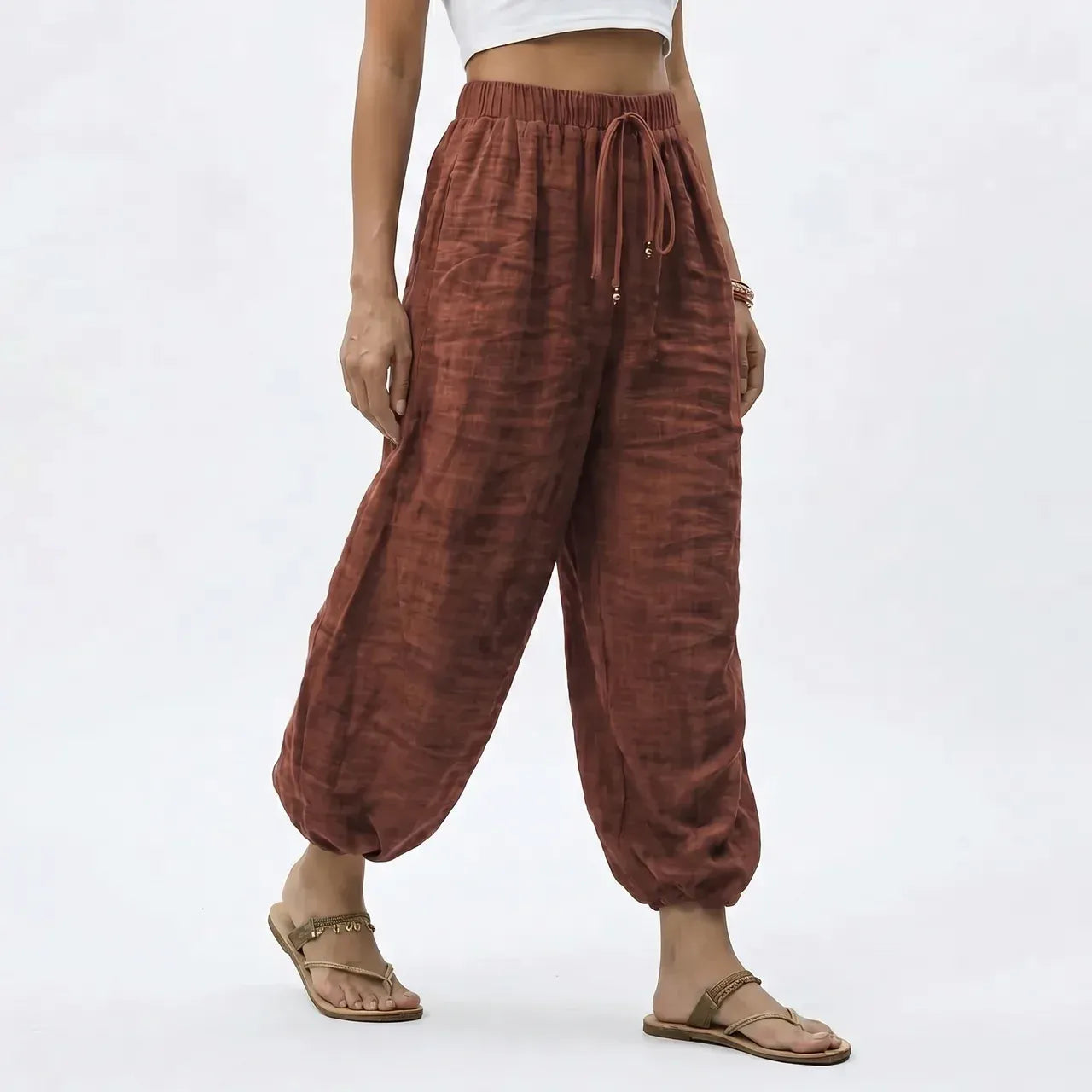 Women's Wide Leg Linen Drawstring Trousers