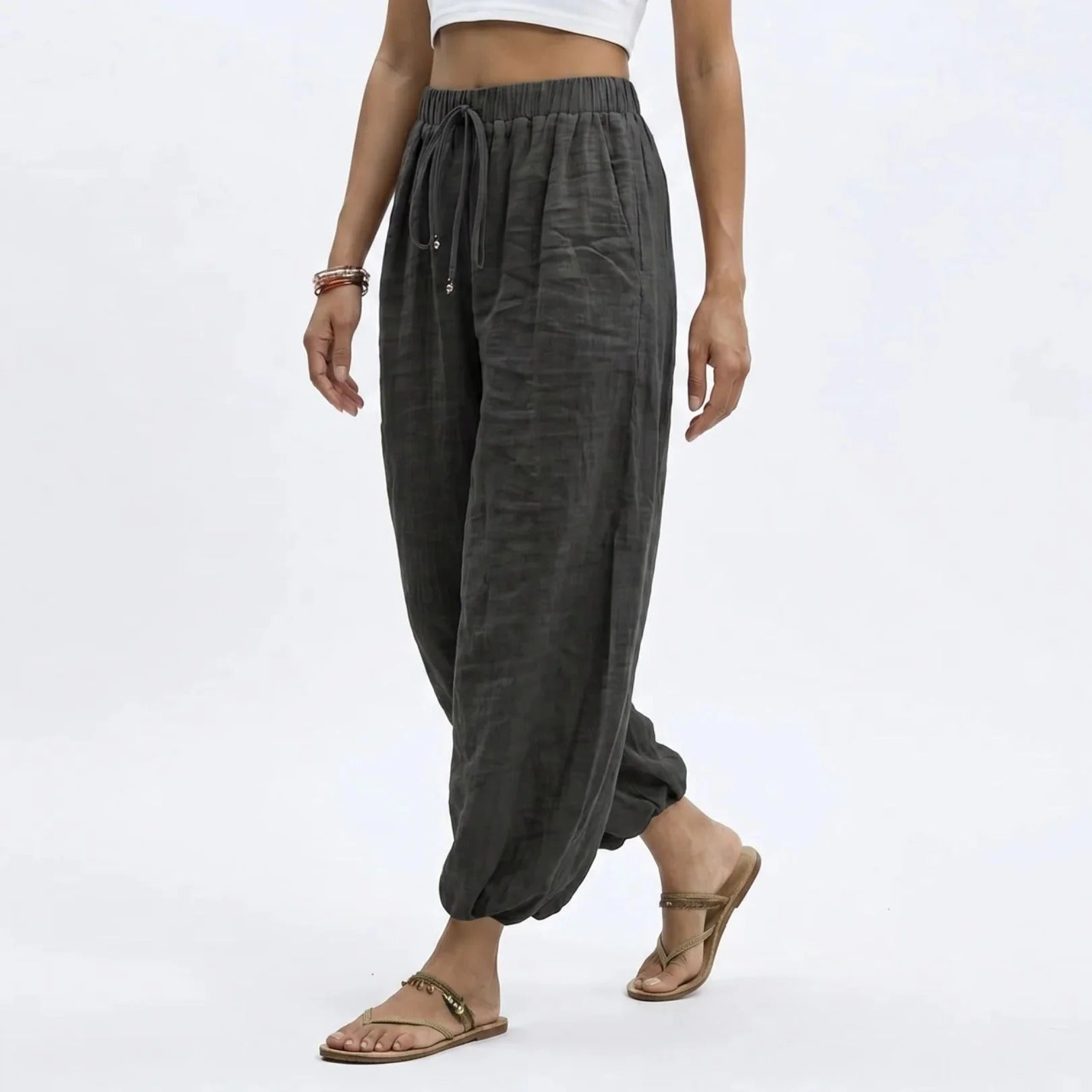Women's Wide Leg Linen Drawstring Trousers