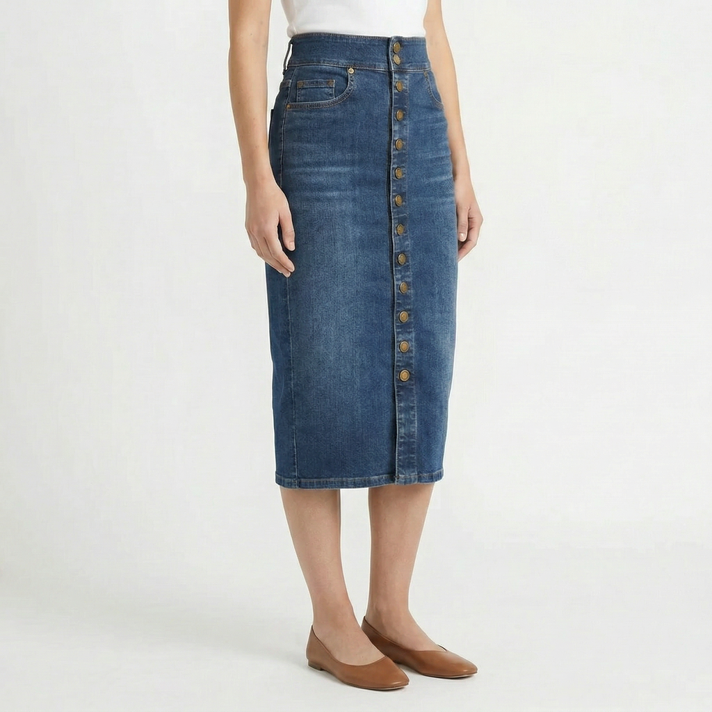 Valenomode - Women’s Buttoned Denim Front Midi Skirt