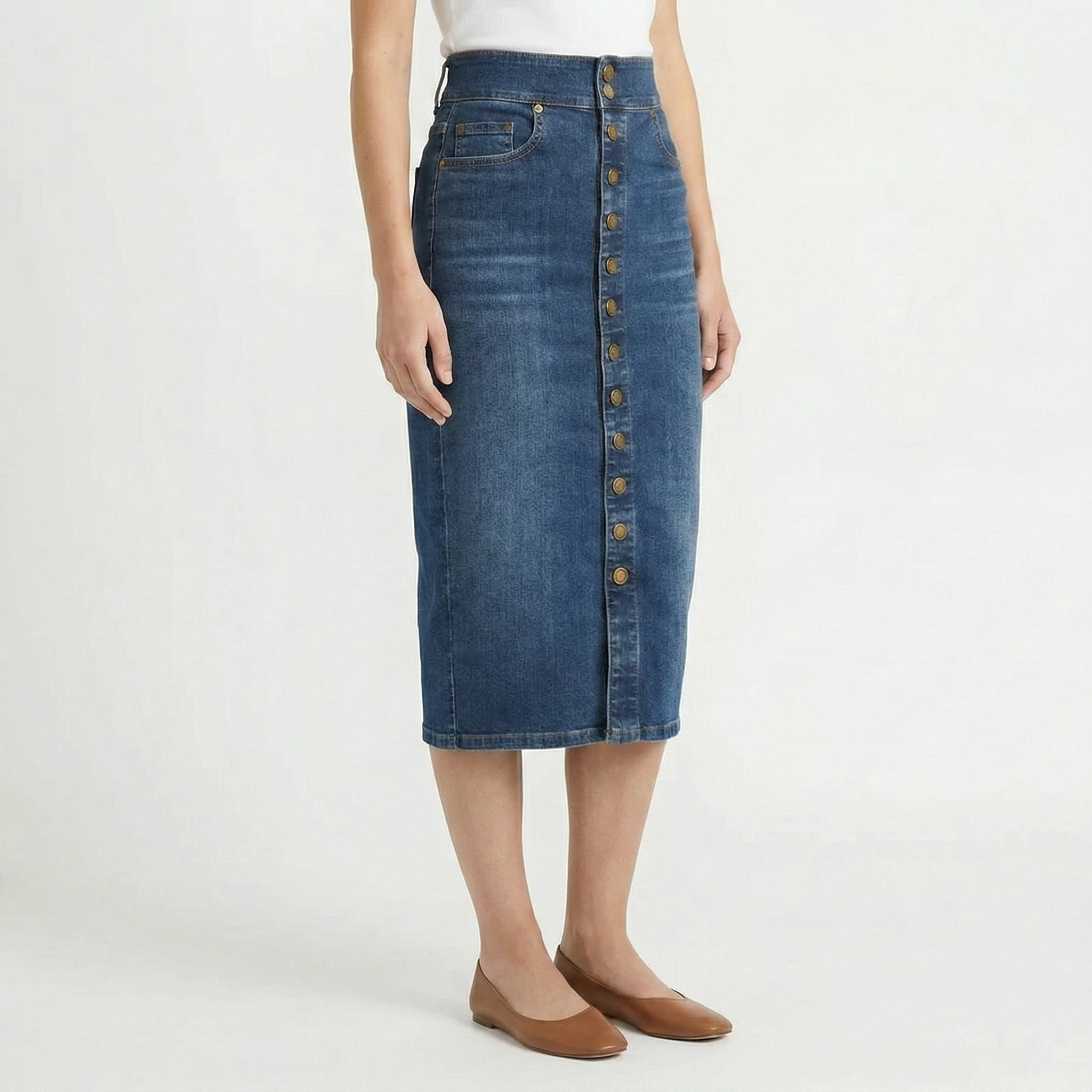Valenomode - Women’s Buttoned Denim Front Midi Skirt