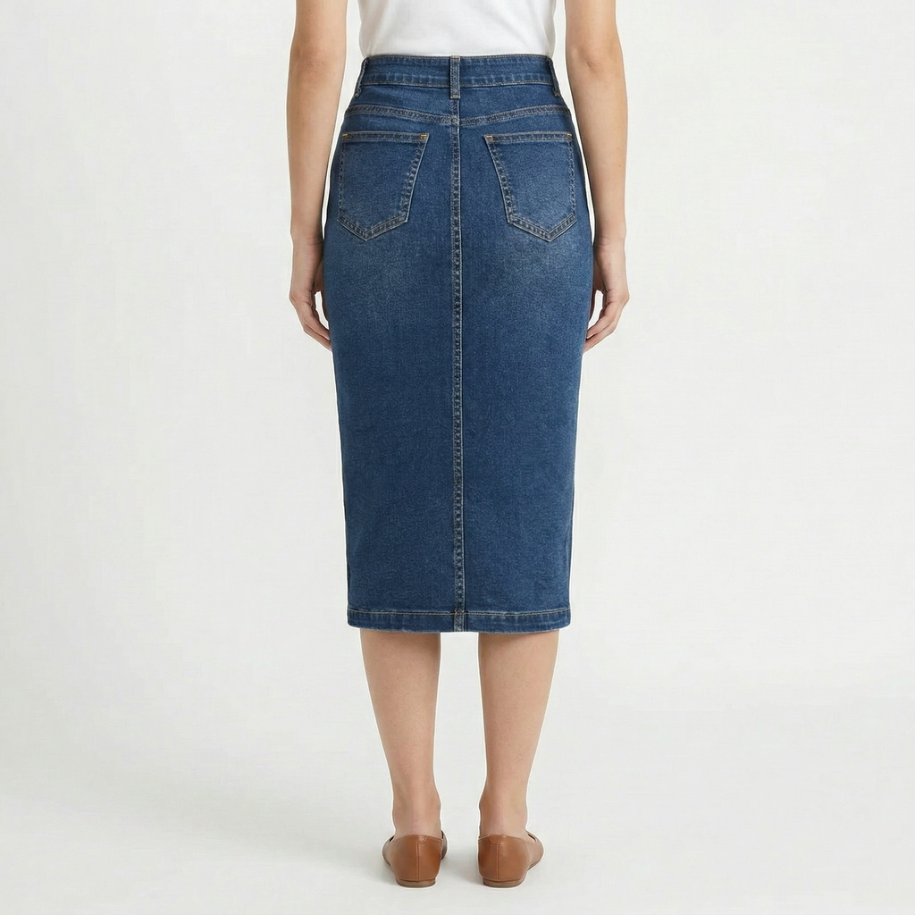 Valenomode - Women’s Buttoned Denim Front Midi Skirt