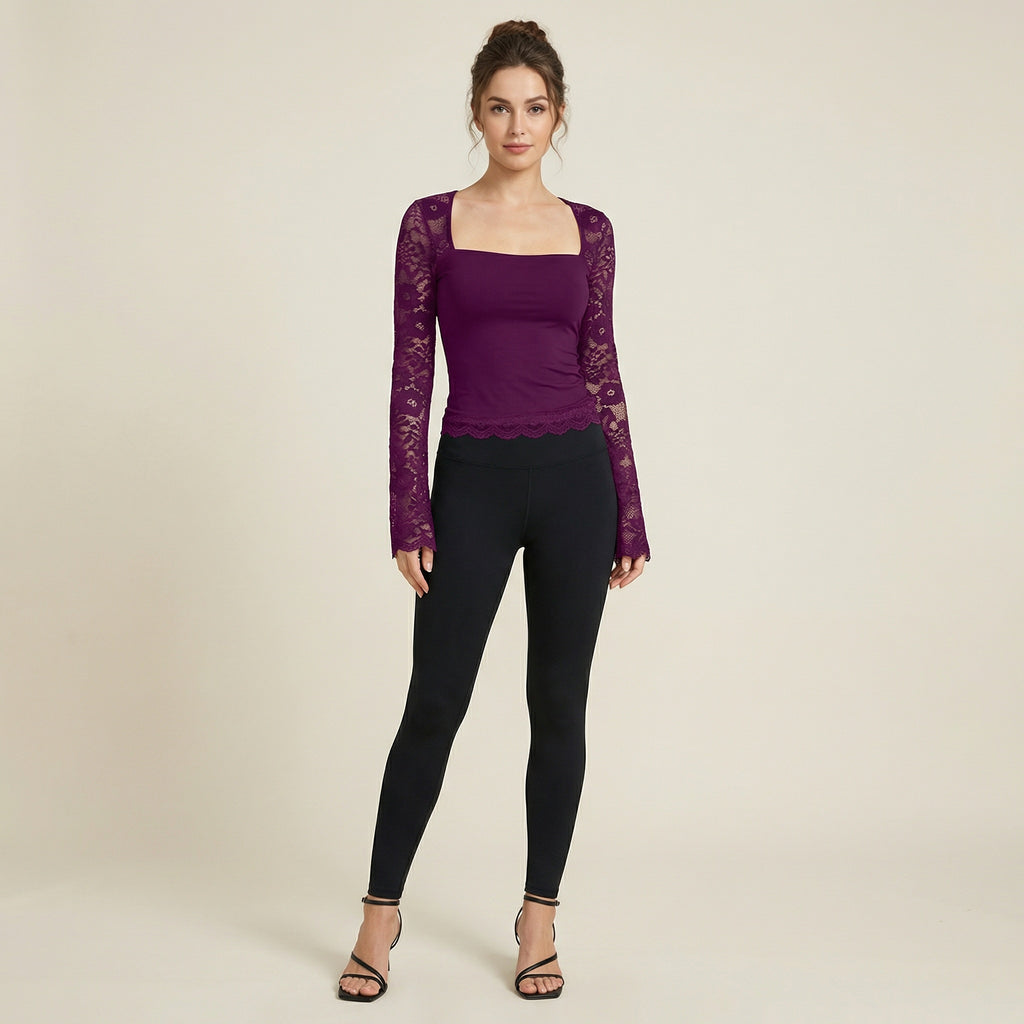 Valenomode - Women's Square Neck Long Sleeve Top