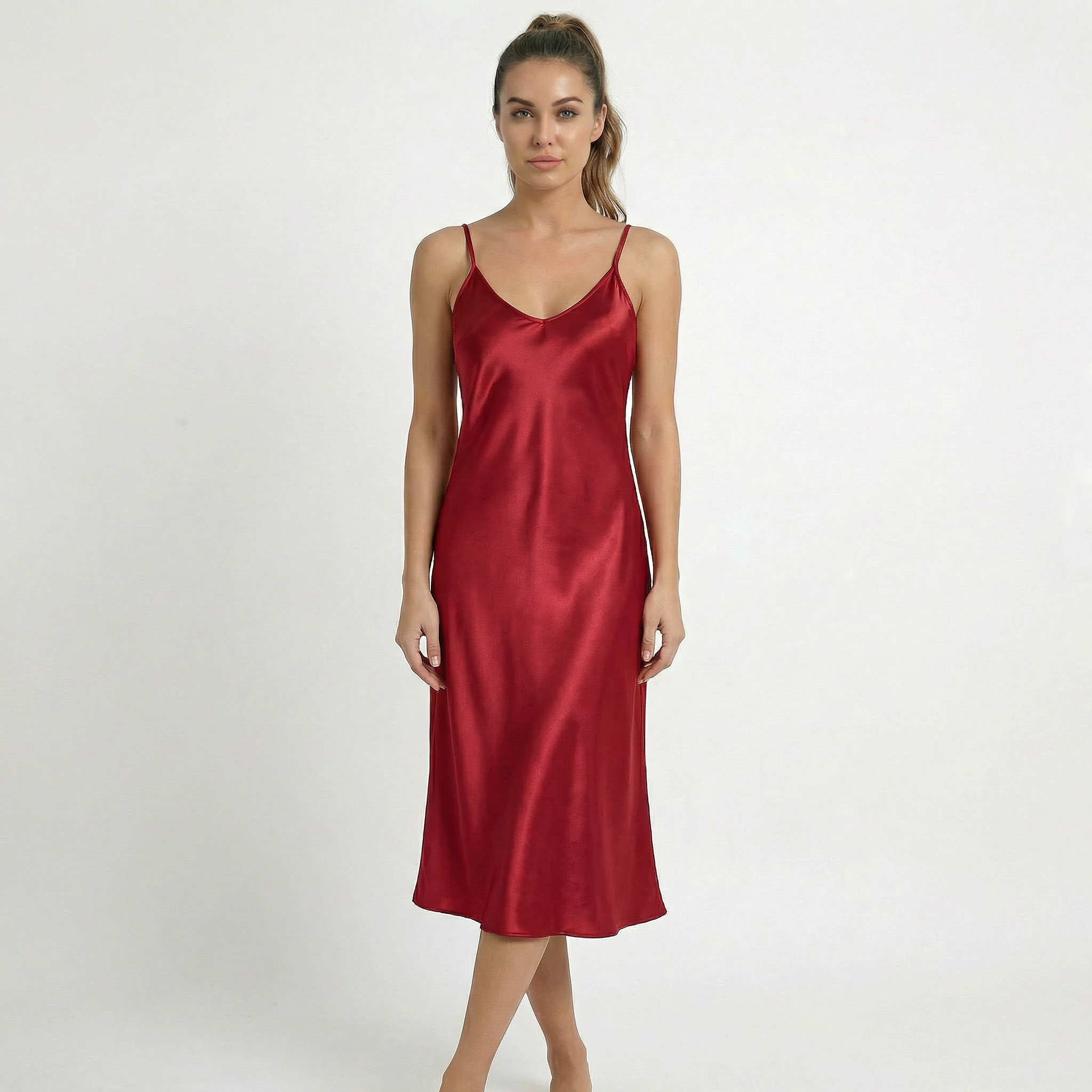 Valenomode - Women’s Satin V Neck Midi Dress