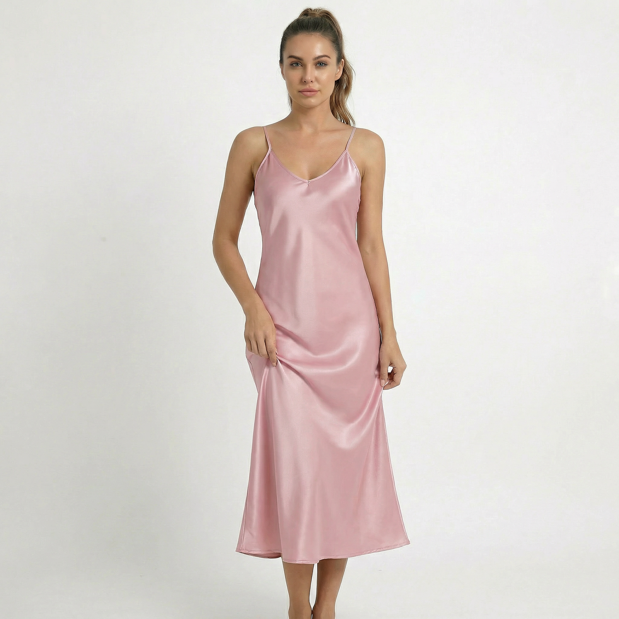 Valenomode - Women’s Satin V Neck Midi Dress