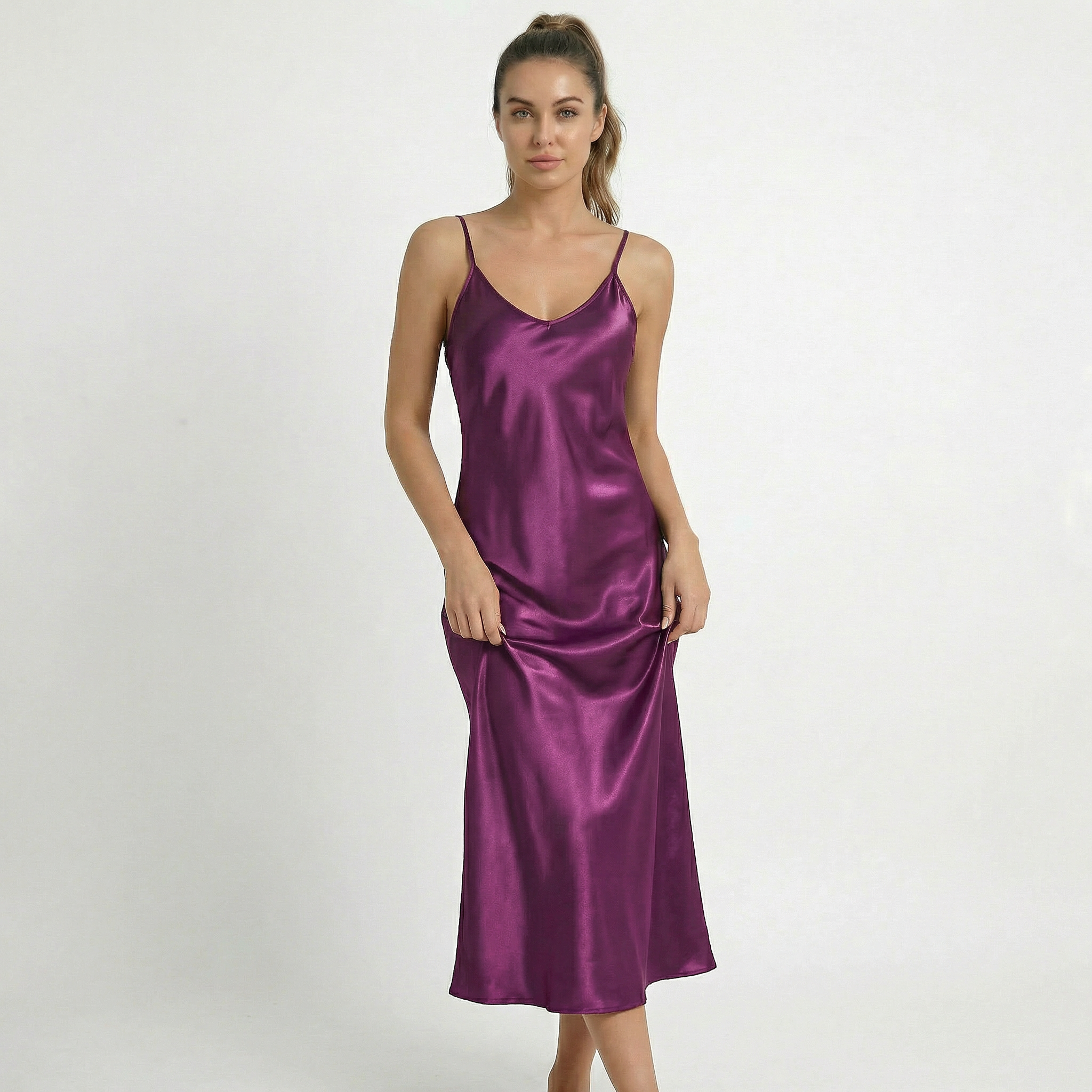 Valenomode - Women’s Satin V Neck Midi Dress