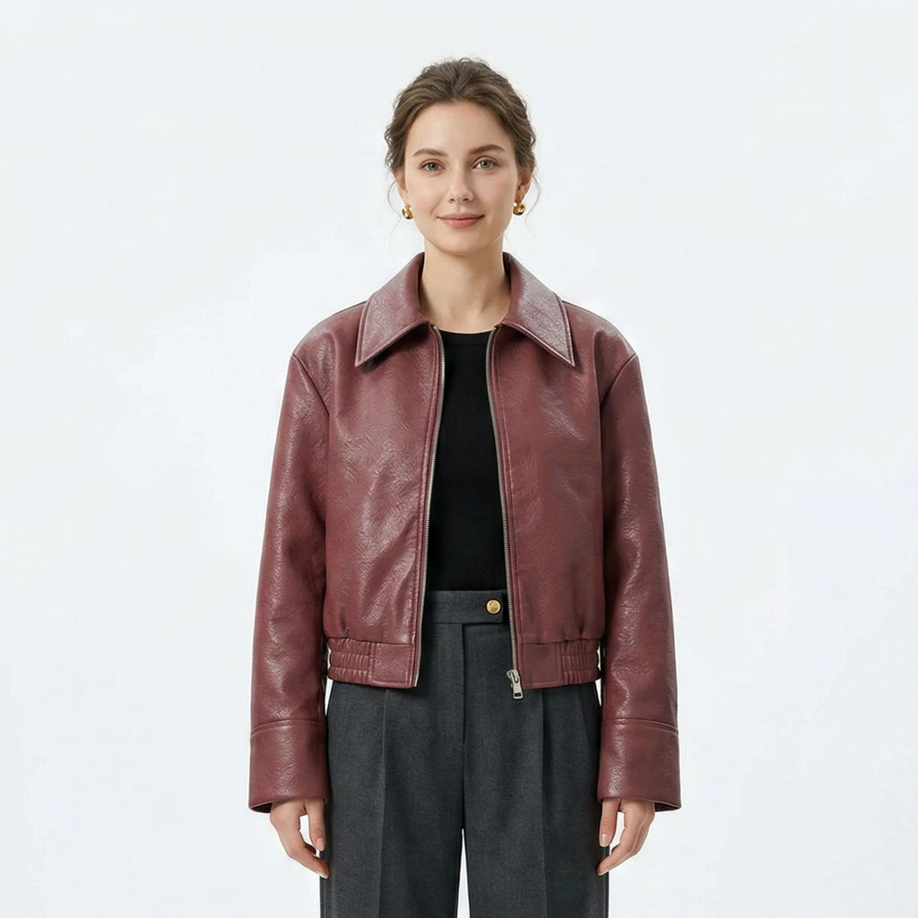 Women's Zip-Up Short Leather Jacket