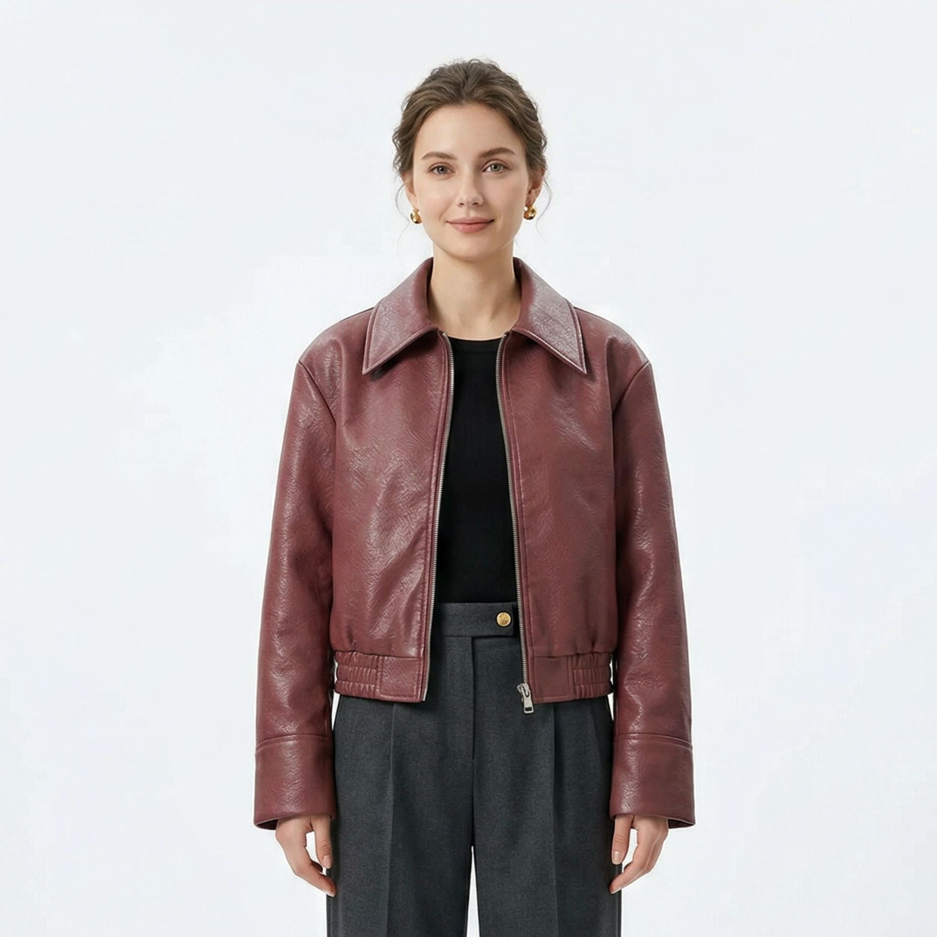 Women's Zip-Up Short Leather Jacket